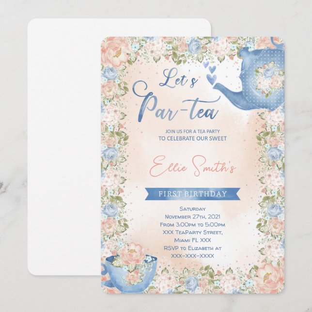 Invitation modifiable pour une fête de thé (Devant / Derrière)
