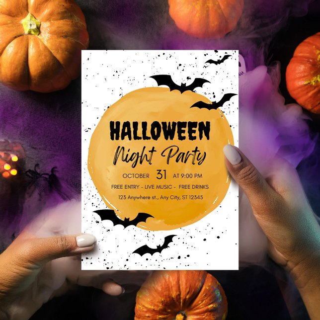 Invitation modifiable pour une fête d'Halloween av (black halloween bats night party invate orange creepy scary pumpkins)