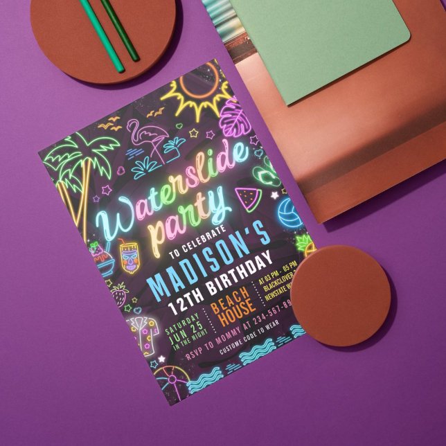 Invitation modifiable pour une fête néon avec tobo (Waterslide Glow)