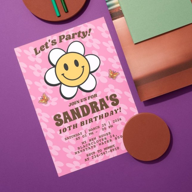 Invitation modifiable Retro Flower Smile (Retro Flower Smile Editable Invitation)
