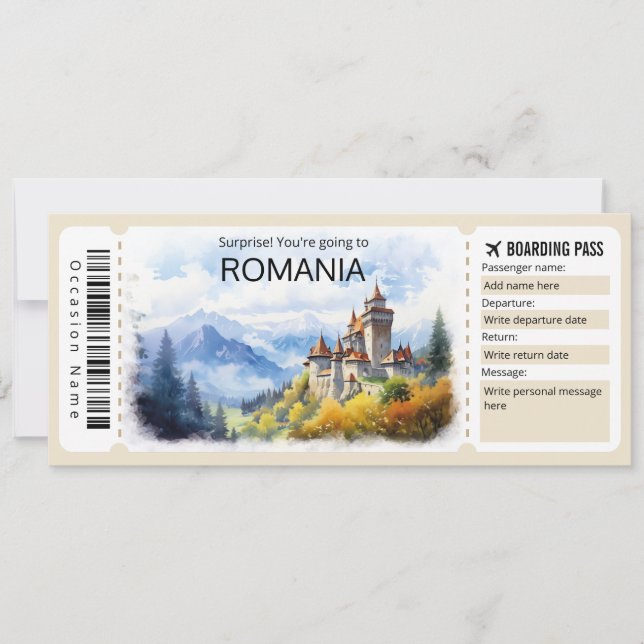 Invitation Modifiable Roumanie billet avion, Roumanie voyage (Devant)