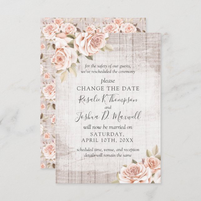 Invitation Modifier La Date Du Reprogrammé Mariage Rustic Ros (Devant / Derrière)