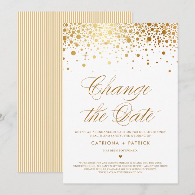 Invitation Modifier la date Gold Foil Confetti reportée (Devant / Derrière)