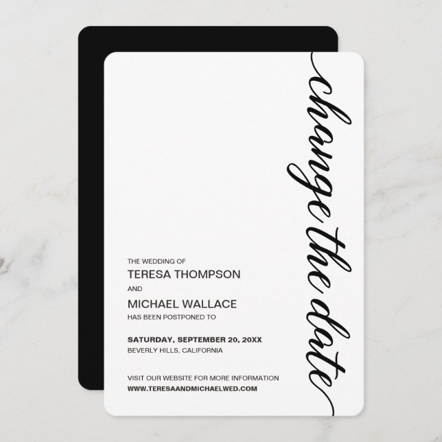 Invitation "Modifier la date" Mariage minimaliste noir et bla (Devant / Derrière)