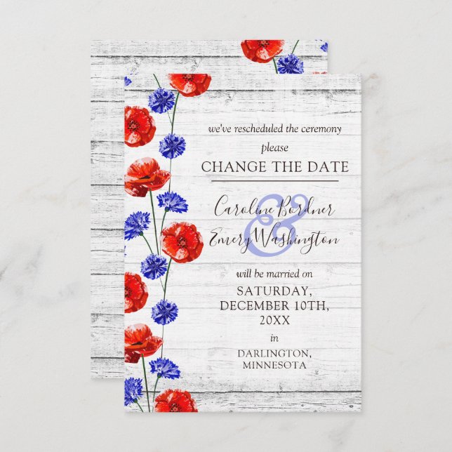 Invitation Modifier La Date Rustique Poppy Floral Mariage Car (Devant / Derrière)