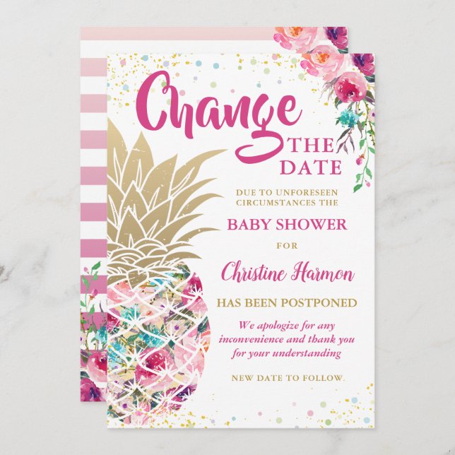 Invitation Modifier Le Baby shower Date Pink Gold Ananas (Devant / Derrière)