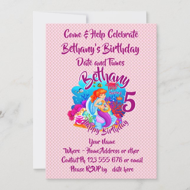 Invitation Modifier le nom d'âge Mermaid Anniversaire Fête Pe (Devant)