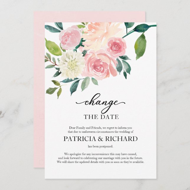 Invitation Modifier Le Report Du Mariage Floral Blush Date (Devant / Derrière)