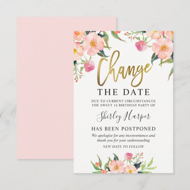 Invitation Modifier Le Script Date Rose Floral Or (Devant / Derrière)