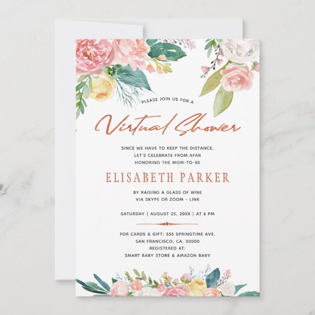 Invitation Modifier les plans baby shower virtuel floral rose (Devant)