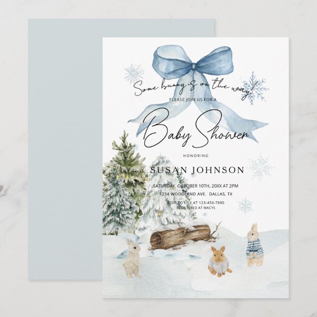 Invitation Moelleux Blue Winter Wonderland Bunny Bow Baby sho (Devant / Derrière)