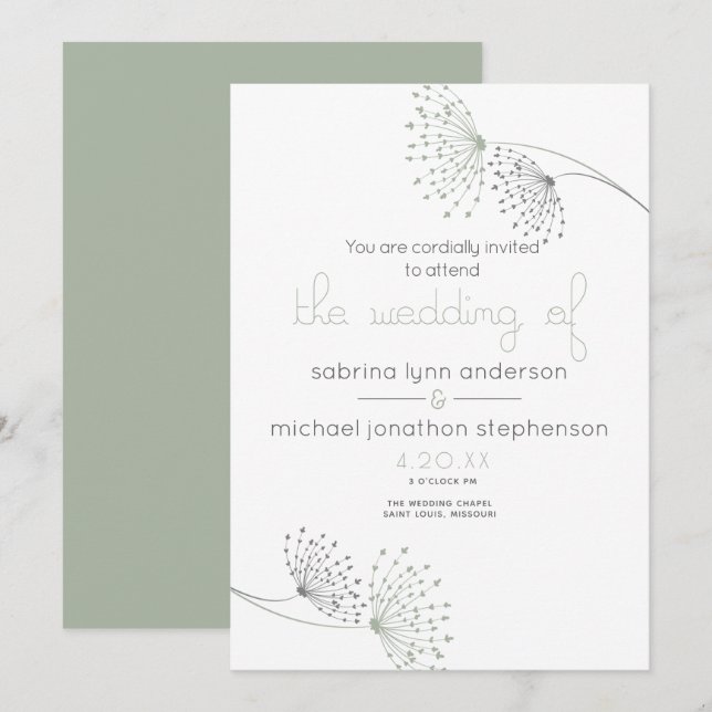 Invitation Moins Chic Sage Vert et Fleurs de Charbon (Devant / Derrière)