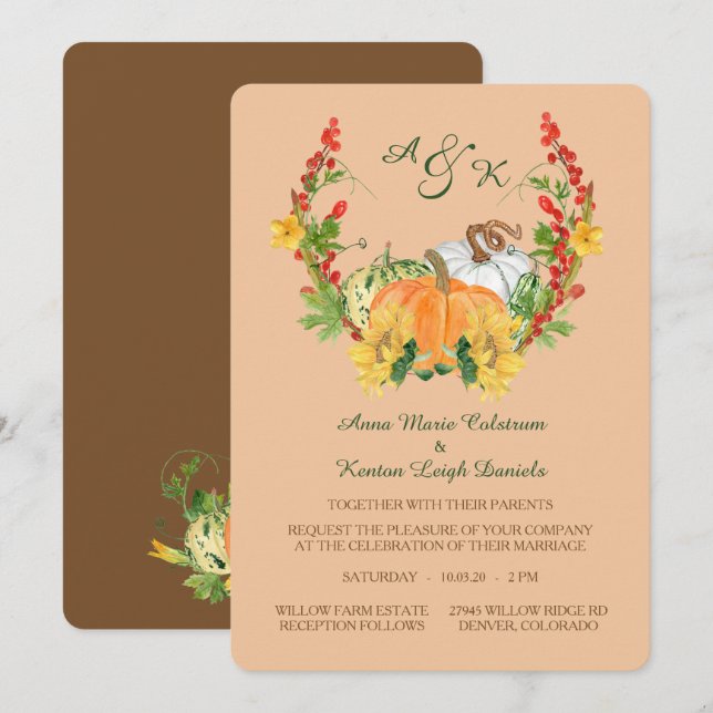 Invitation Moisson d'automne Mariage de monogramme de germes  (Devant / Derrière)