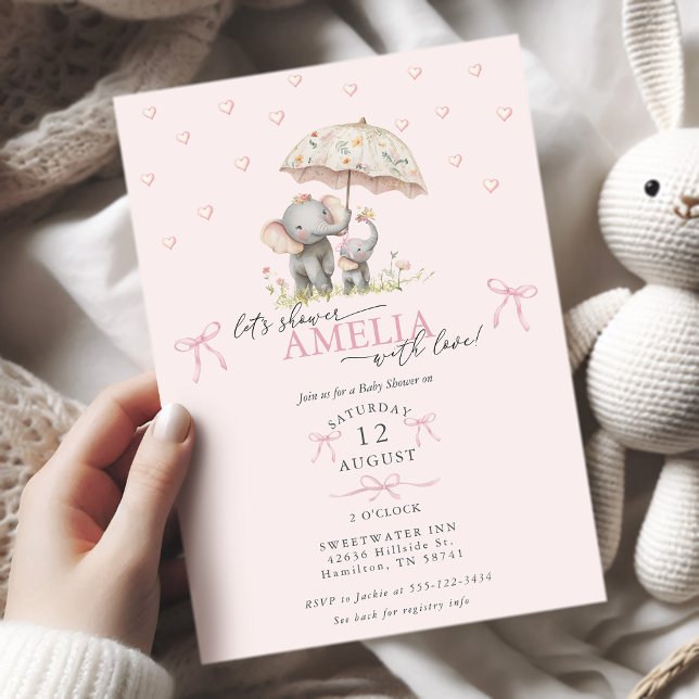 Invitation Mom & Baby Elephant with Umbrella Baby Girl Shower (Mom & Baby Elephant with Umbrella Baby Girl Shower Invitation)