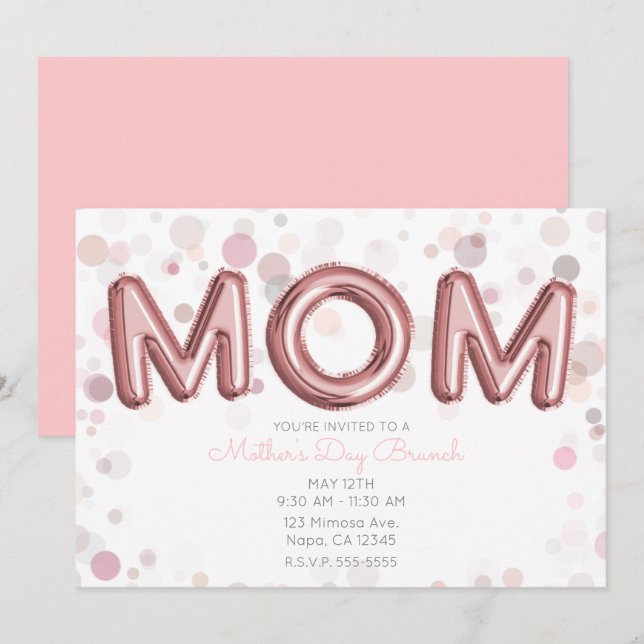 Invitation MOM Ballons Fête des Mères Brunch Moderne rose gri (Devant / Derrière)