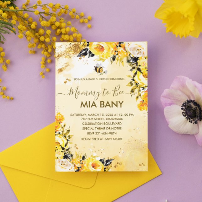 Invitation Mommy to Bee Aquarelle Floral Funny Baby shower (Mommy to Bee Watercolor Floral Funny Baby Shower Invitation)
