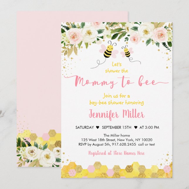 Invitation Mommy to Bee Baby shower Floral or rose (Devant / Derrière)