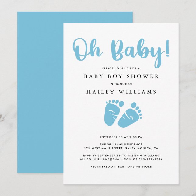 Invitation Mon bébé | Baby shower Bleu Garçon pieds bébé (Devant / Derrière)