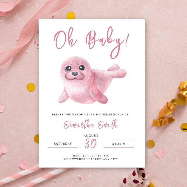 Invitation Mon bébé ! Baby shower de phoque rose aquarelle (Créateur téléchargé)