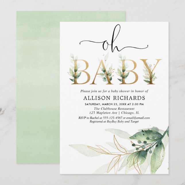 Invitation Mon bébé baby shower vert neutre genre (Devant / Derrière)