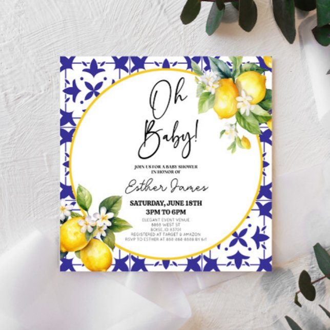 Invitation Mon bébé ! Carrelage bleu méditerranéen Baby showe (Créateur téléchargé)