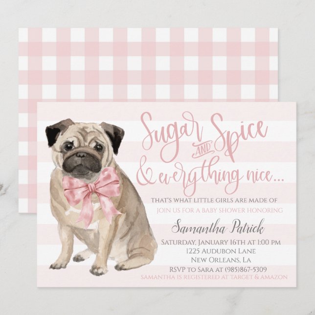 Invitation Mon bébé ! Douche Chien Rose Chien Rose Chien Rose (Devant / Derrière)