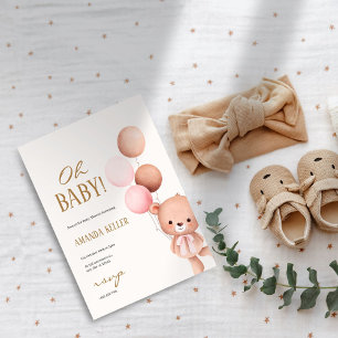 Invitation Mon bébé ! Ours mignon et ballons Baby shower rose