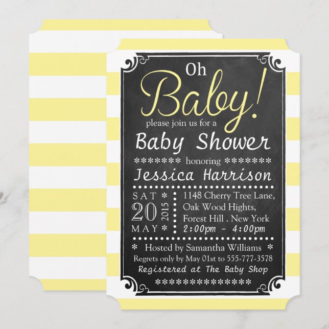 Invitation Mon bébé ! Tableau noir et Baby shower en bande ja (Devant / Derrière)