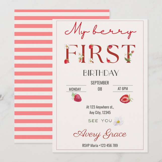 Invitation Mon Berry Premier Anniversaire Fraises mignonnes (Devant / Derrière)