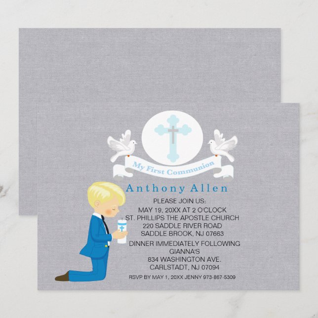 Invitation Mon premier Garçon de Communion Kneeling Invitatio (Devant / Derrière)