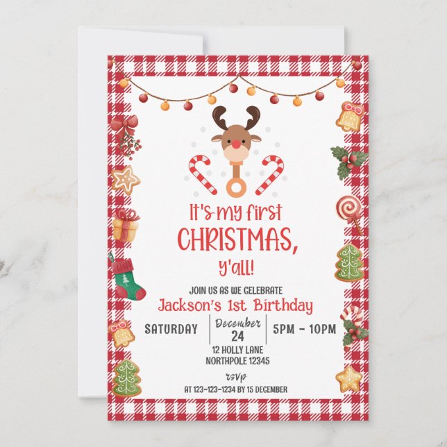 Invitation Mon premier Noël, anniversaire de Rudolph Reindeer (Devant)
