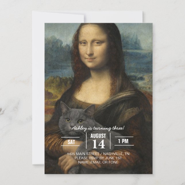 Invitation Mona Lisa Holding Elegant Gray Cat                 (Devant)