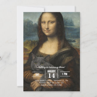 Invitation Mona Lisa tenant un élégant chat gris             