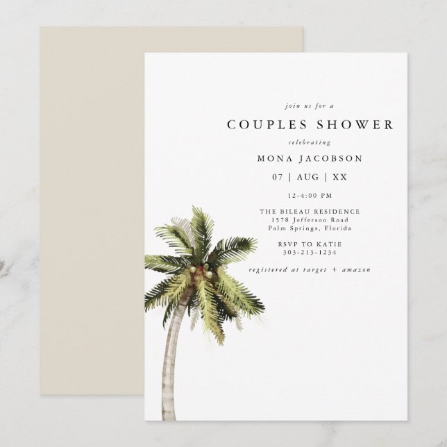 Invitation MONA Moderne Tropical Palm Tree Couples Douche (Devant / Derrière)