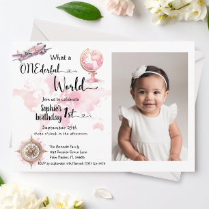 Invitation Monde merveilleux voyage rose 1er anniversaire pho