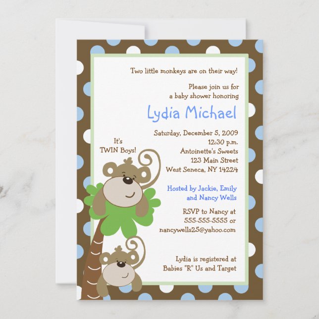 Invitation Monkey Time 5x7 TWINS Jungle Baby shower (Devant)