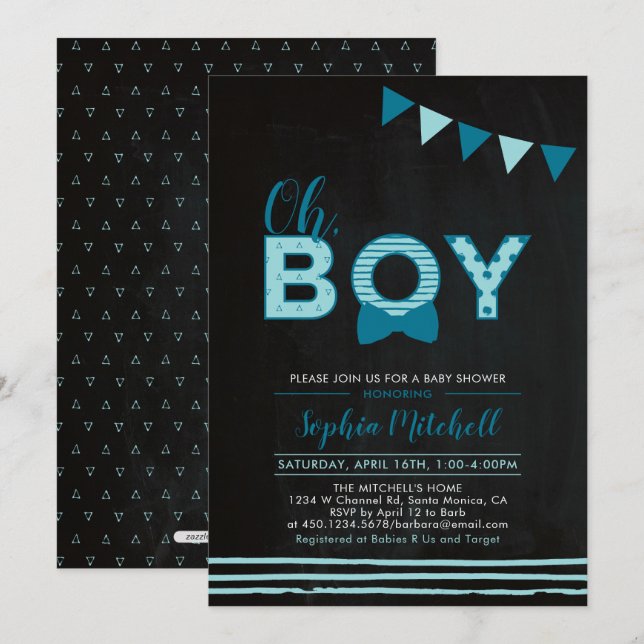 Invitation Monnaie bleue et marine | Chalkboard "Oh Boy" Baby (Devant / Derrière)