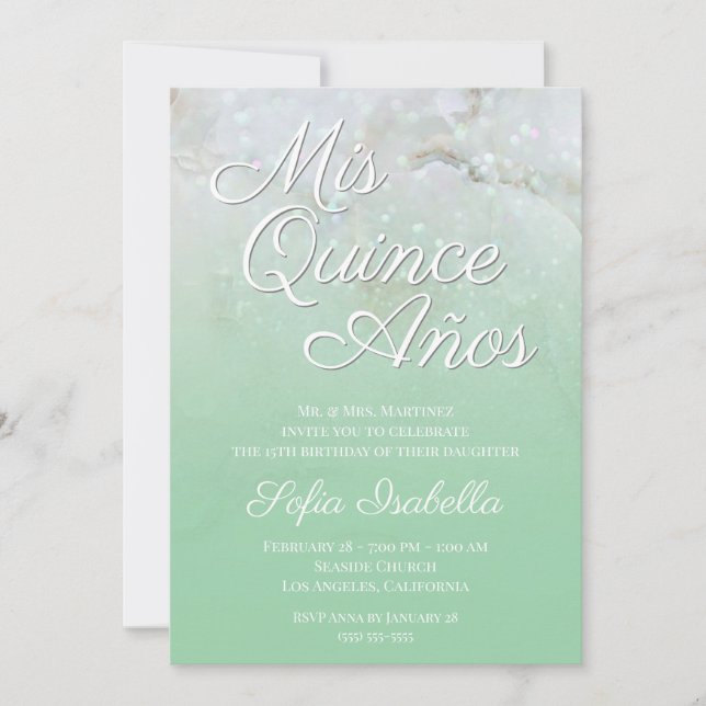 Invitation Monnaie de marbre vert Ombre Mis Quince Años (Devant)