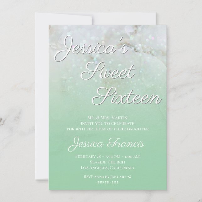 Invitation Monnaie de marbre vert Ombre Sweet sixteen (Devant)