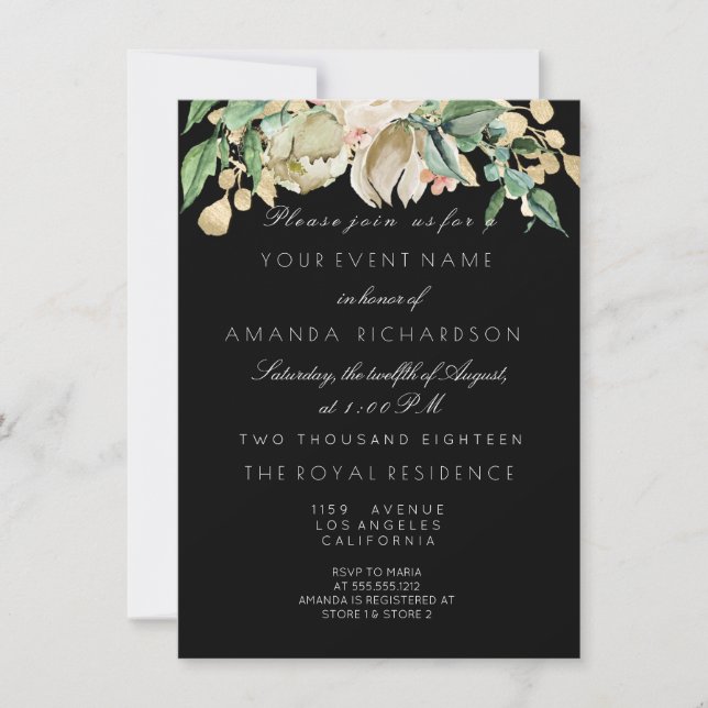 Invitation Monnaie d'ivoire florale d'or noir 16e nuptiale (Devant)