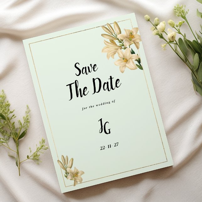 Invitation Monnaie d'or fleur verte de lys Enregistrer la dat (Gold ivory mint green lily flower Save The Date)