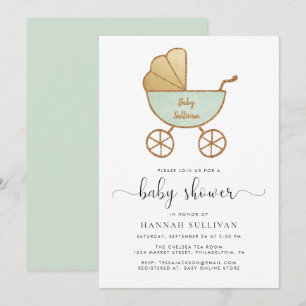 Invitation Monnaie d'or minimal Retro Carriage Mint Baby show