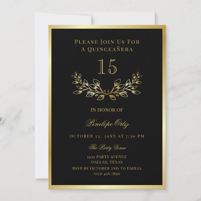 Invitation Monnaie d'or noire Faux Quinceañera (Devant)