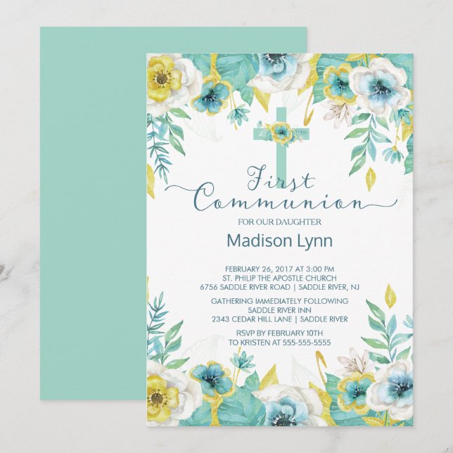 Invitation Monnaie Moderne Or Floral Première Communion Saint (Devant / Derrière)