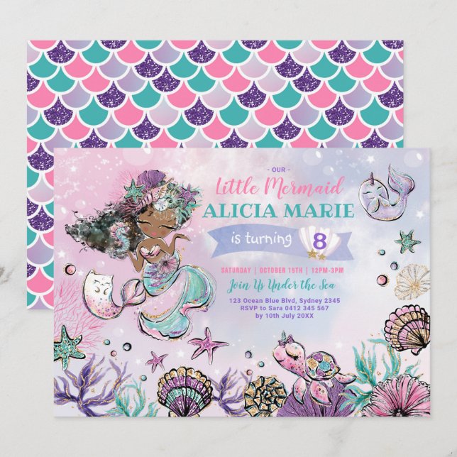 Invitation Monnaie rose pourpre sous la mer Anniversaire (Devant / Derrière)