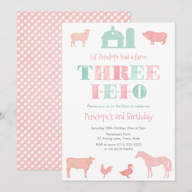 Invitation Monnaie rose TROIS-IEIO Fille 3ème anniversaire (Devant / Derrière)