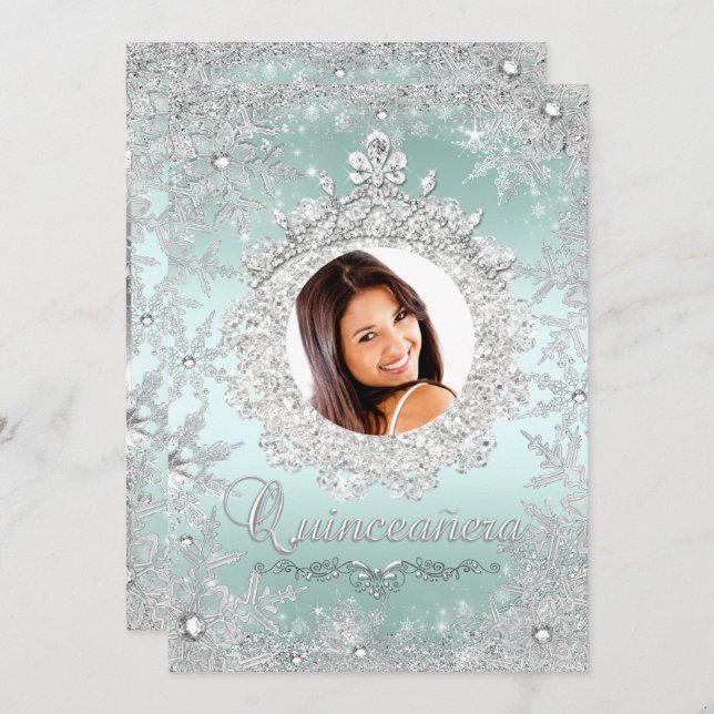 Invitation Monnaie Silver Tiara Snowflake Sparkle Quinceanera (Devant / Derrière)