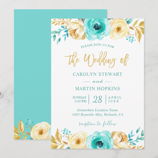 Invitation Monnaie Turquoise Or Floral Romantique Chic Mariag (Devant / Derrière)