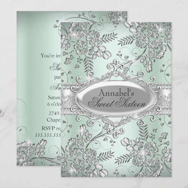 Invitation Monnaie Vert Argent Parkle Flower Sweet 16 (Devant / Derrière)