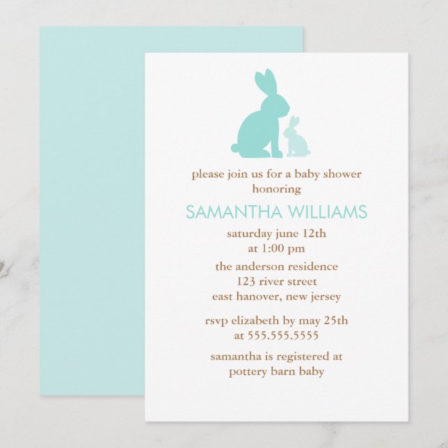 Invitation Monnaie verte et Baby shower de lapin (Devant / Derrière)
